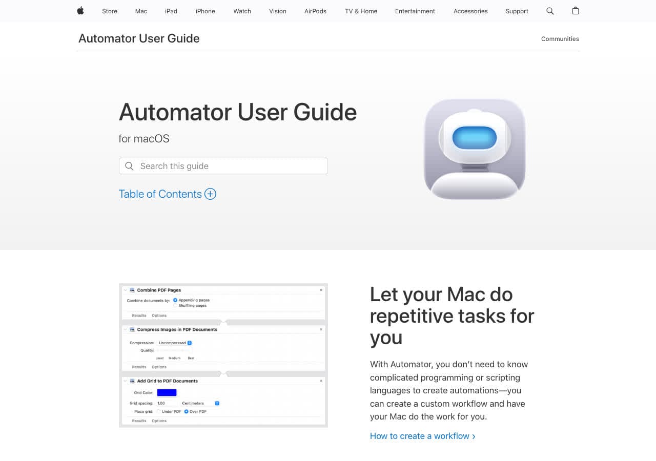 Apple Automator support page screenshot