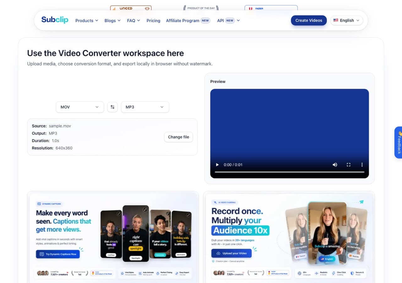 Subclip MOV to MP3 browser converter