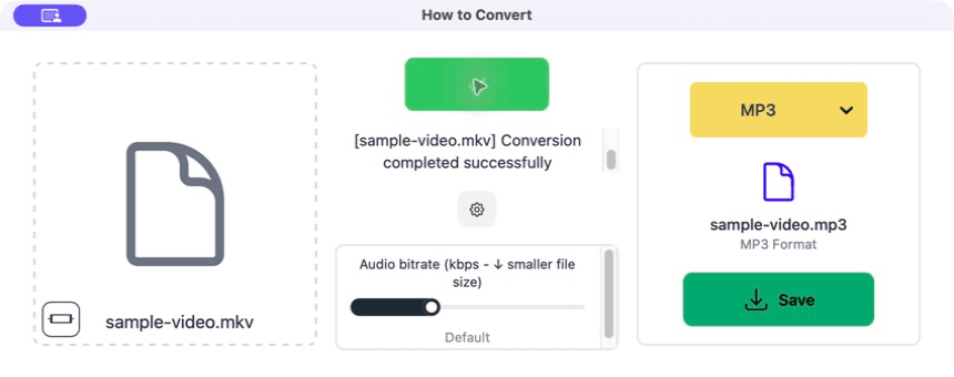 A completed MKV to MP3 conversion with a Save button