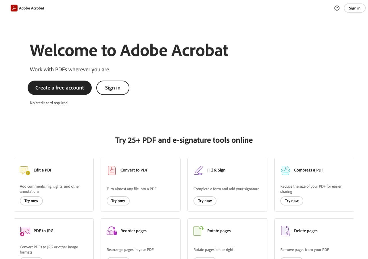 Adobe Acrobat homepage