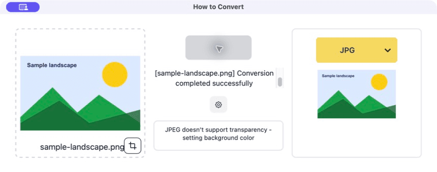 A completed PNG to JPG conversion with the transparency warning visible