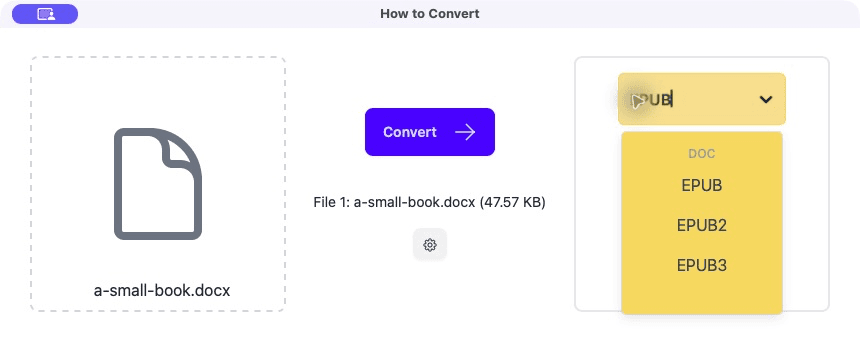 Choosing EPUB from the output menu