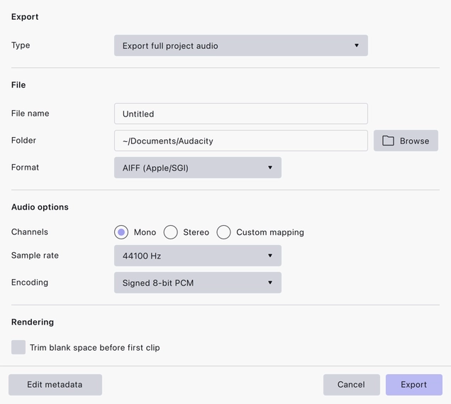 Set the file name, folder and Format in Export Audio.