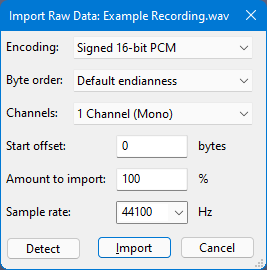 Enter the recording’s known settings. The sample values shown here are not universal.