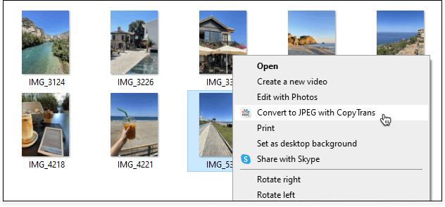 Right-click your photos and choose Convert to JPEG with CopyTrans.
