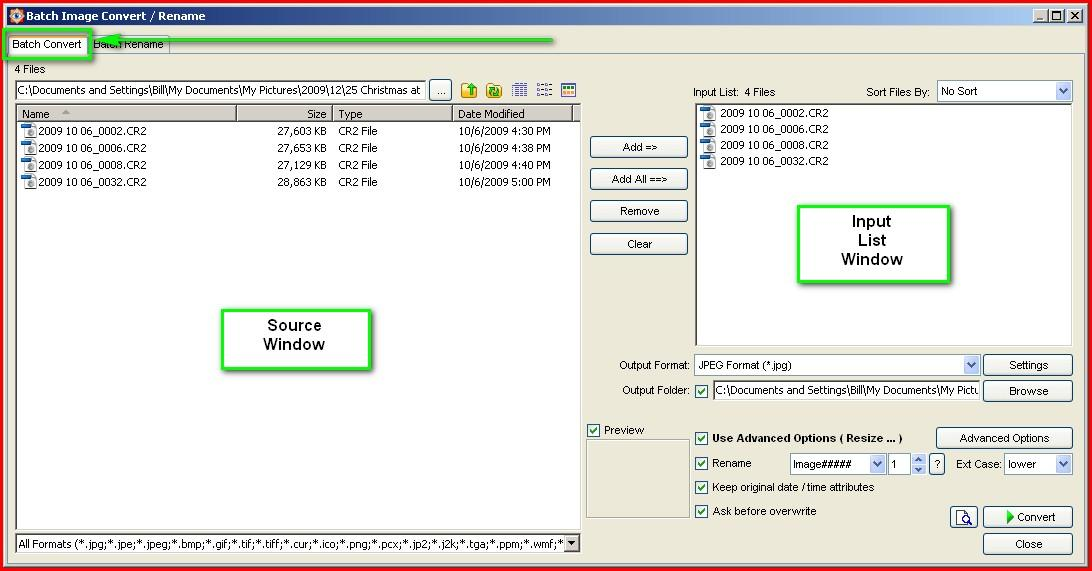 Add images to the Input List, set Output Format and Output Folder, then Convert. Older interface shown.