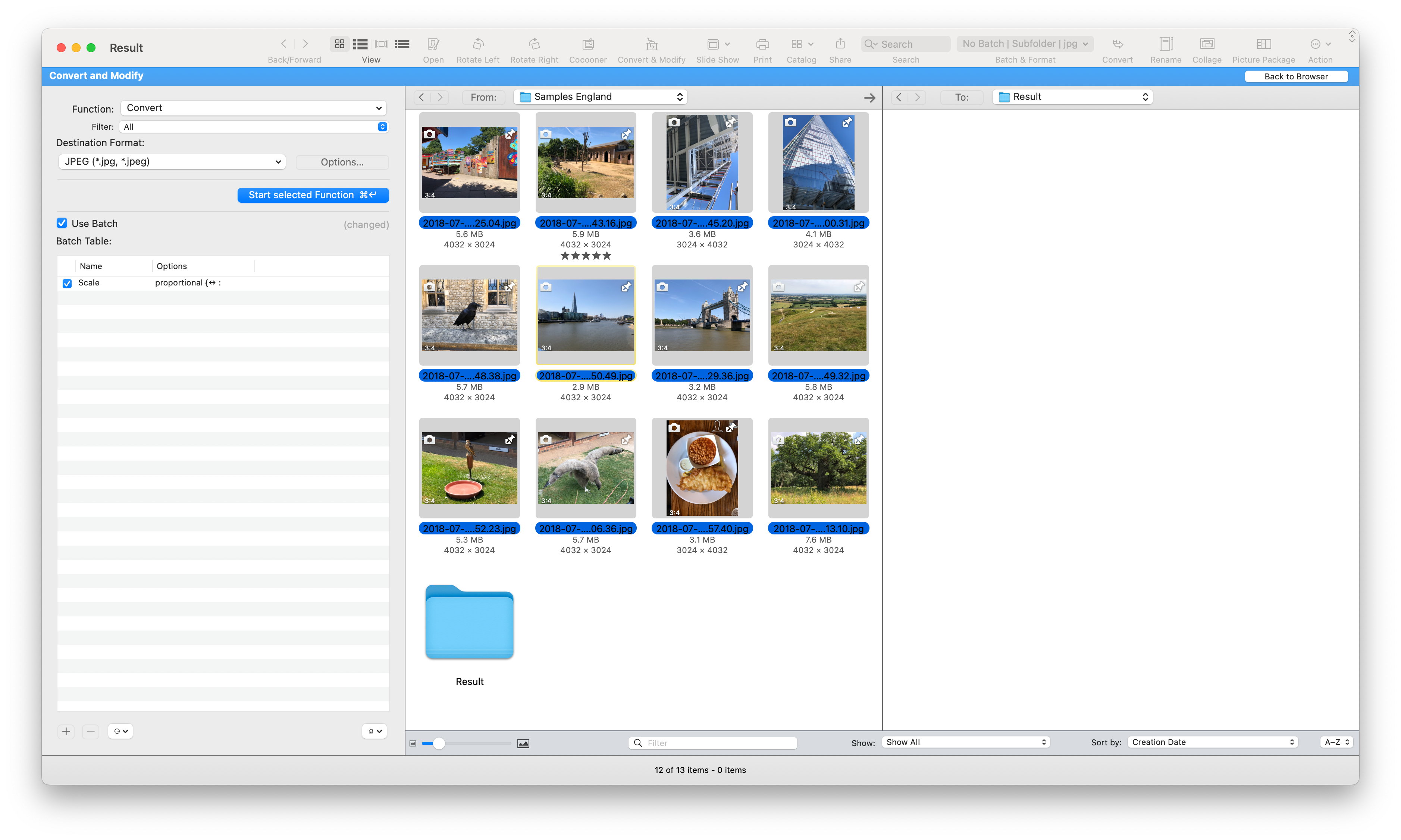 Choose Destination Format and the source images, then Start selected Function.