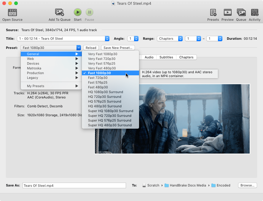 HandBrake showing the General presets menu and Fast 1080p30 selected.