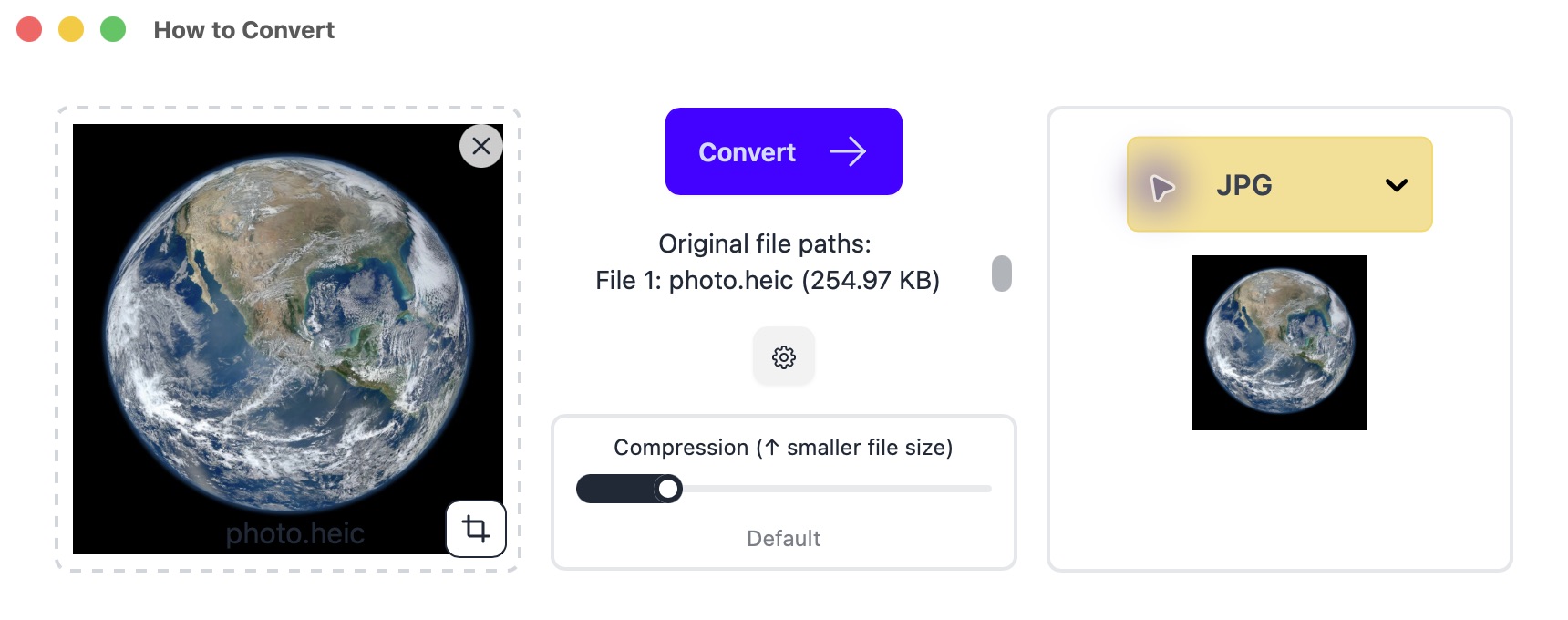 How to Convert with photo.heic loaded and JPG selected as the output.
