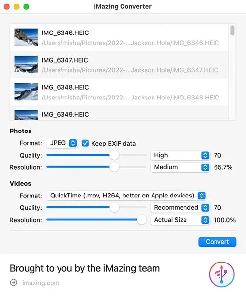 iMazing Converter with photo format, quality, resolution and metadata controls.
