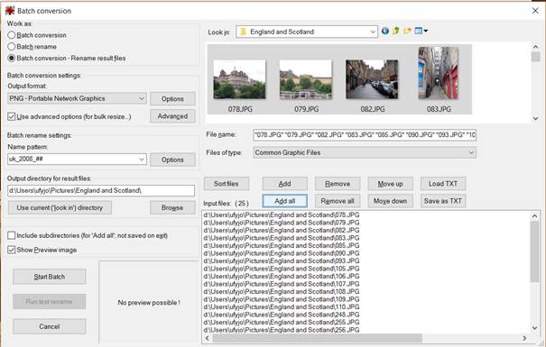 Choose Batch conversion, an Output format and a destination, then Start Batch.