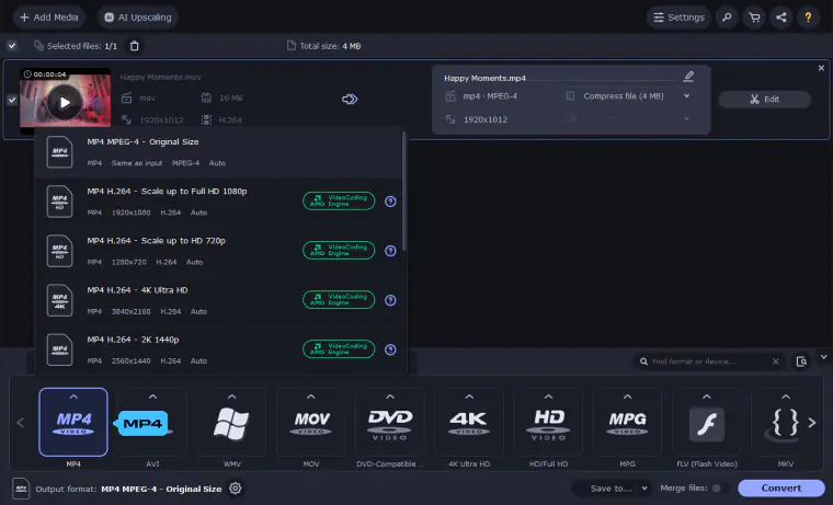 Choose an MP4 preset, then use Convert at the bottom right.