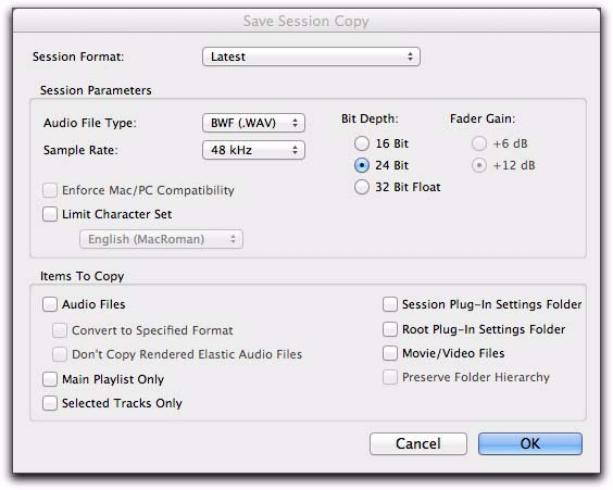 Pro Tools 10 Save Session Copy dialog with BWF WAV, sample rate, bit depth and Audio Files options.