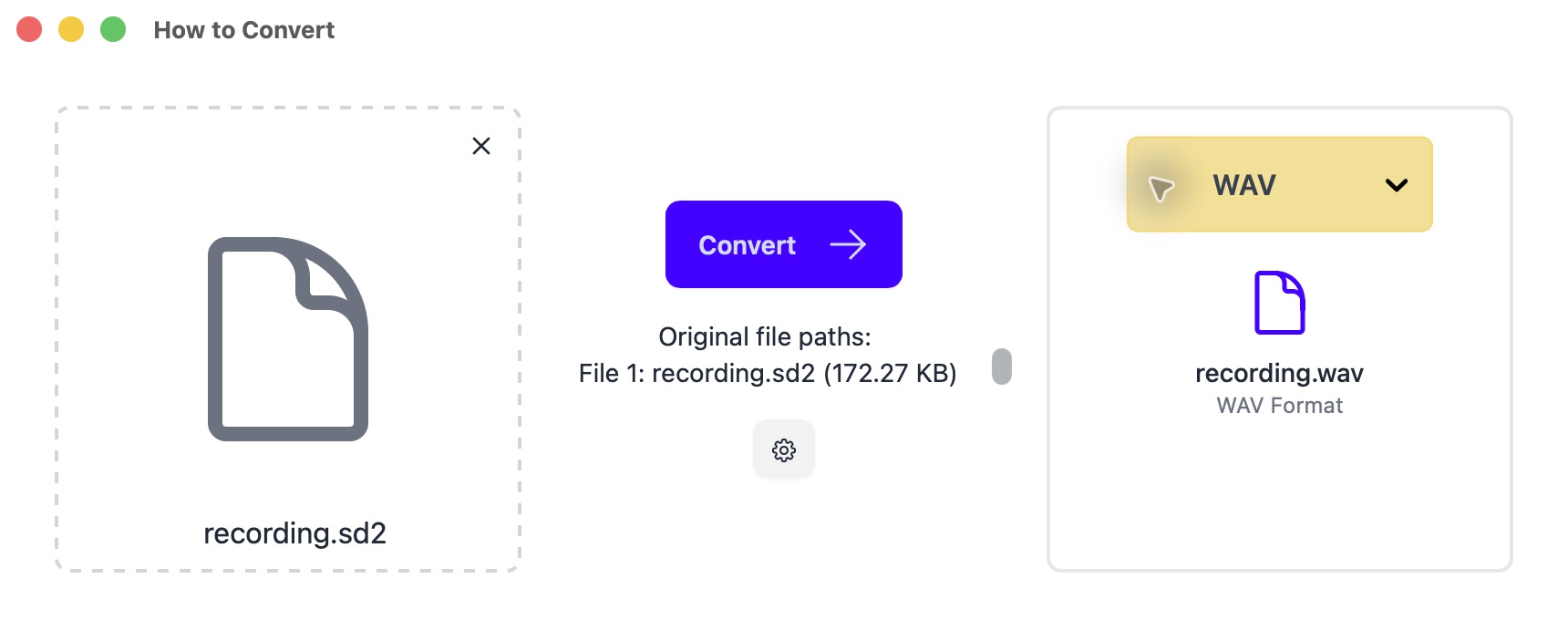 How to Convert on Mac with recording.sd2 loaded and WAV selected.