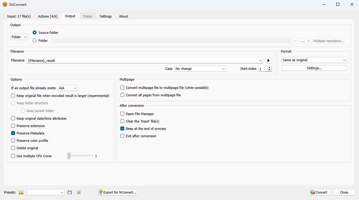 XnConvert Output tab with destination folder, filename and format controls.
